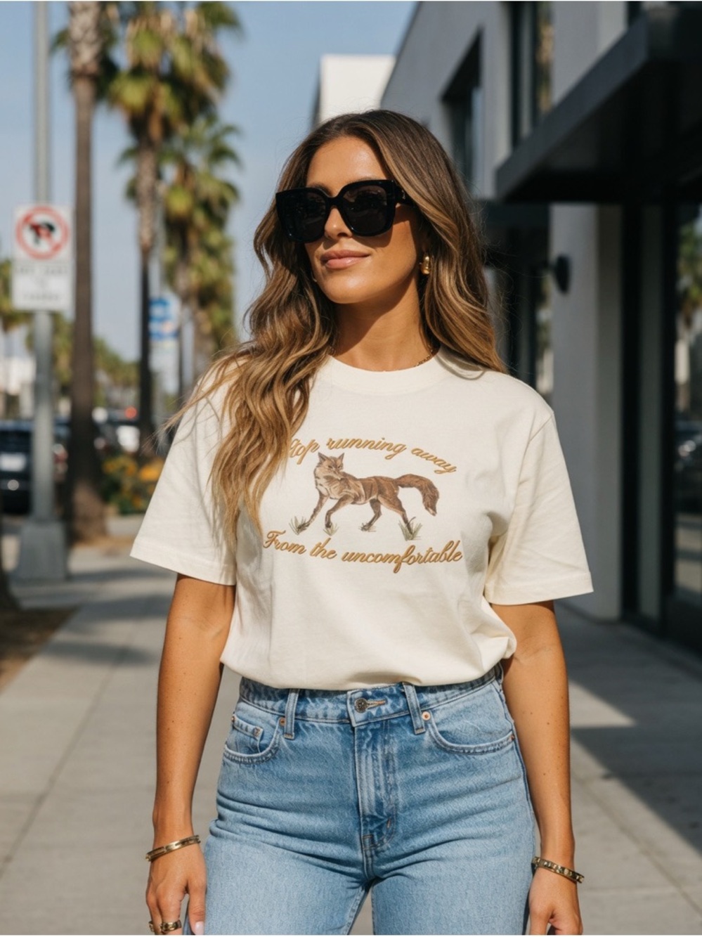 Exclusive Lmtd Edition Hand Drawn Graphic Fox Cream T‑Shirt LA Trained Designer